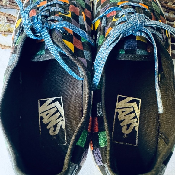 Metallic Checkered Multicolored Vans, women’s size 7.5, with Blue Sparkled Laces - Picture 9 of 13